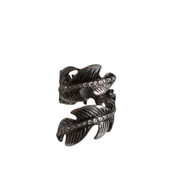 Women's Silver Toned Rhinestone Encrusted Wrap Around Feather Statement Ring - Picture 1 of 8